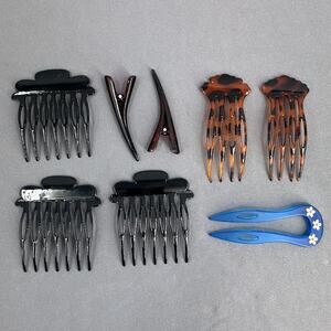 VTG Lot 8 Hair Claw Clips Combs French Twist Barrettes Black Tortoiseshell Boho